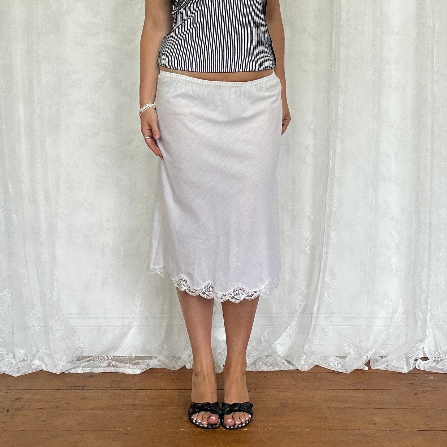 vintage 00s white lace detail slip midi skirt