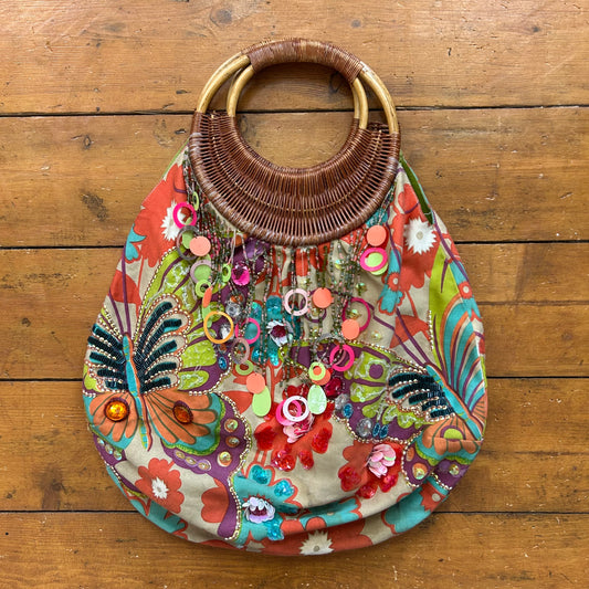 vintage 00s sequin beaded floral print wooden strap bag