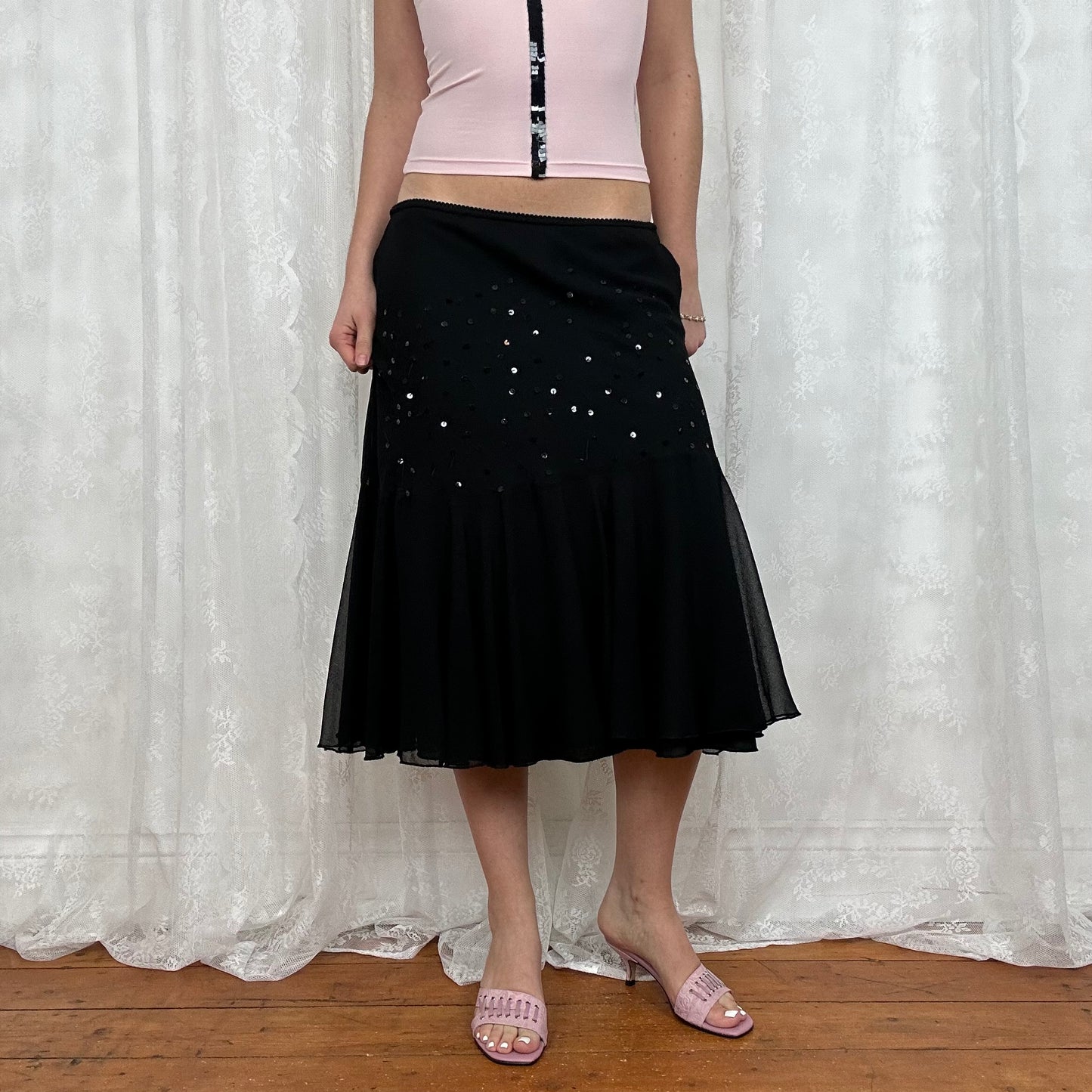 vintage 00s black mesh sequin midi skirt