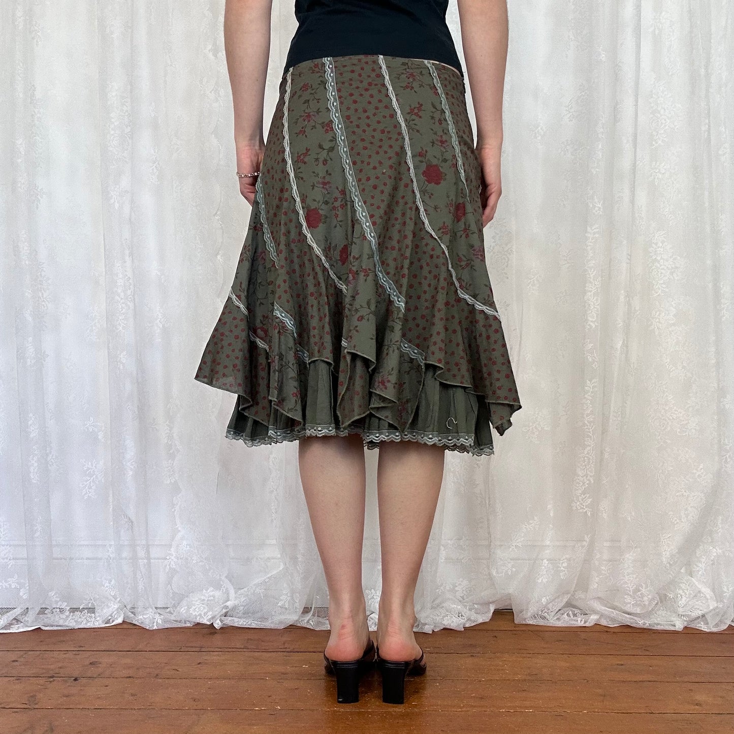 vintage 00s khaki floral midi skirt