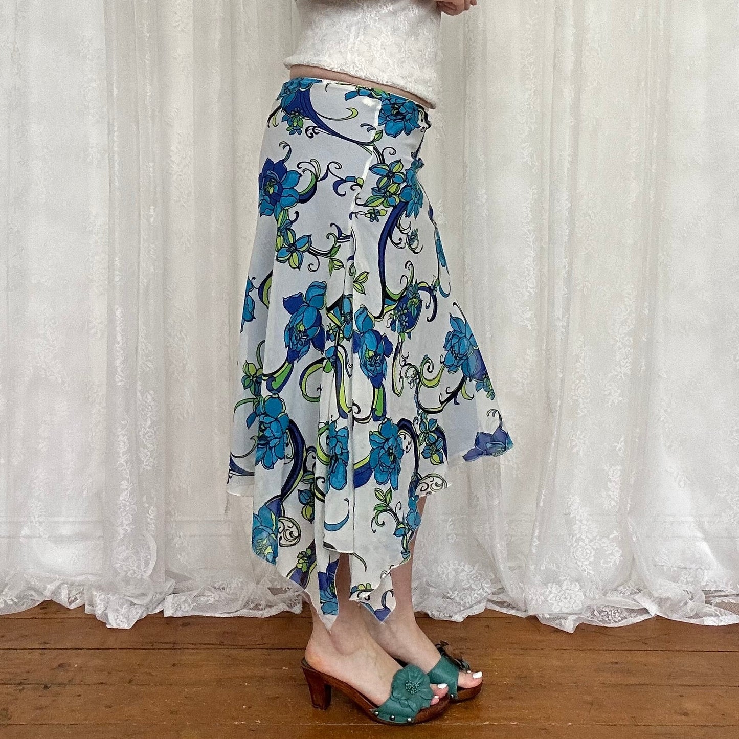 vintage 00s blue floral asymmetrical midi skirt