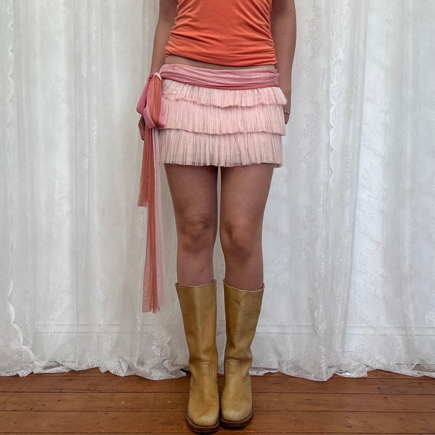 vintage 00s pink silk ruffle mini skirt with tie up belt