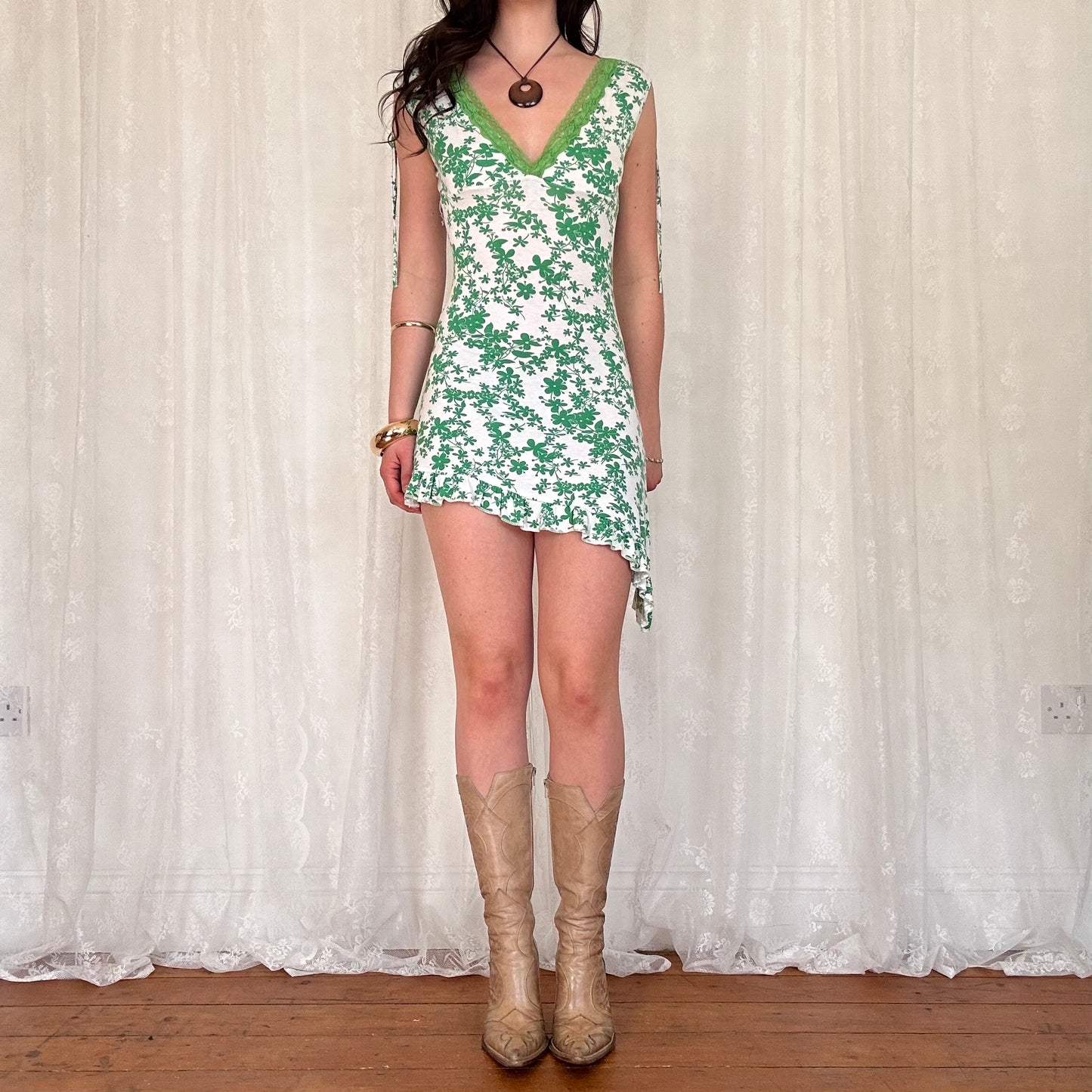 vintage 00s green floral asymmetrical mini dress