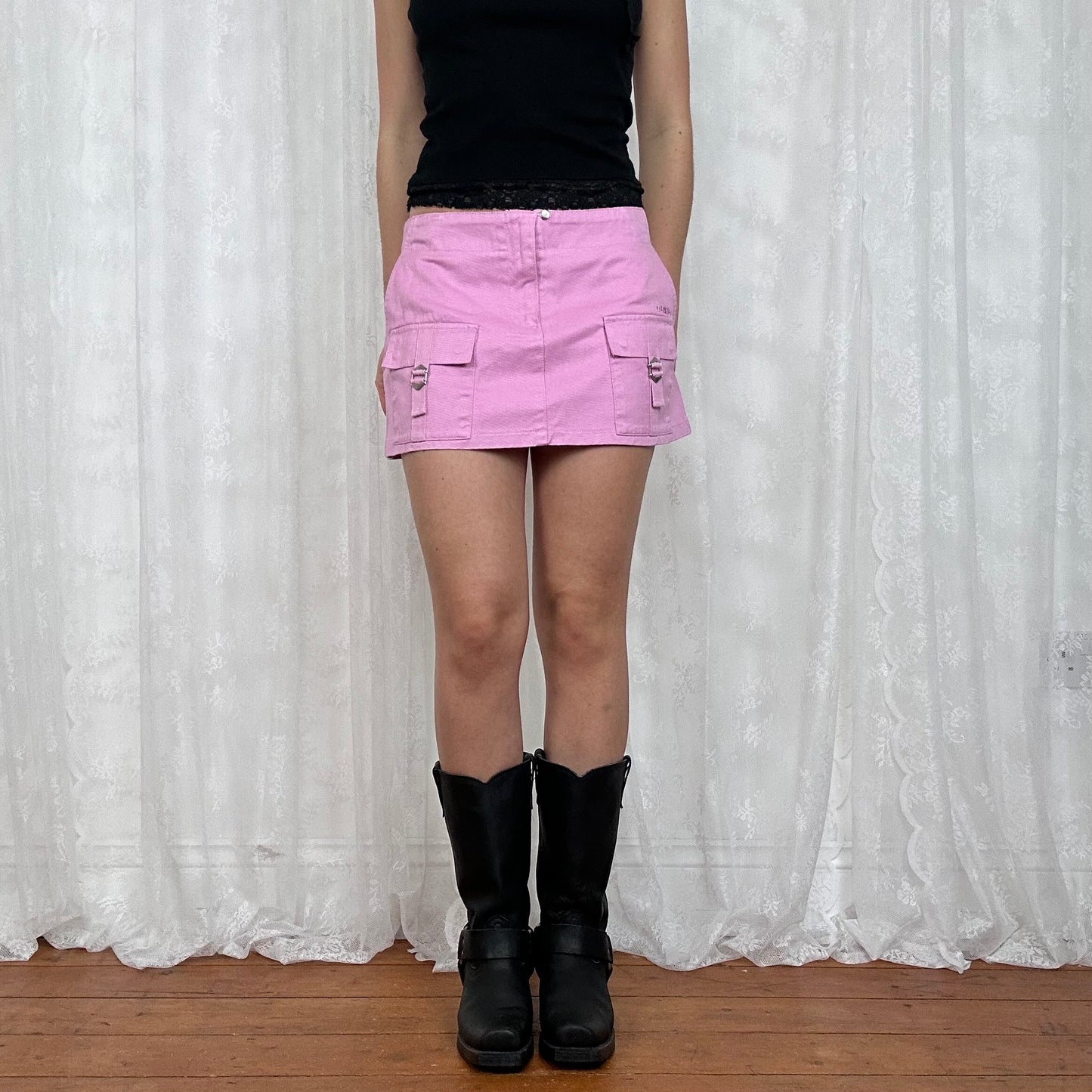 vintage 00s pink cargo style mini skirt