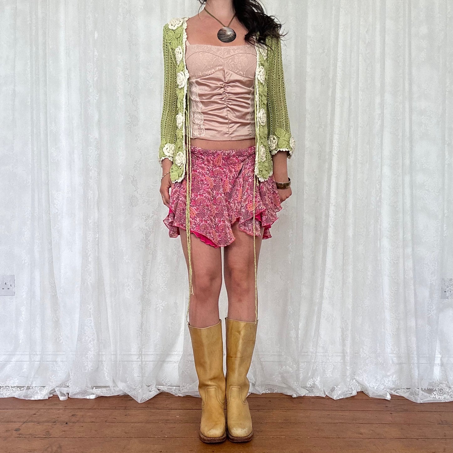 vintage 00s green floral crochet knitted cardigan