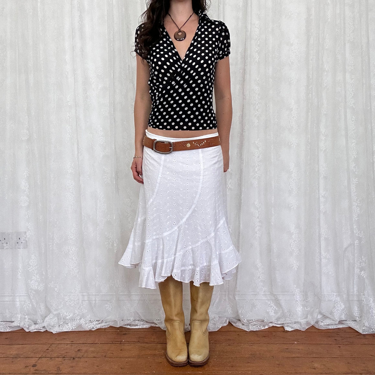 vintage 00s black polka dot silk wrap shirt