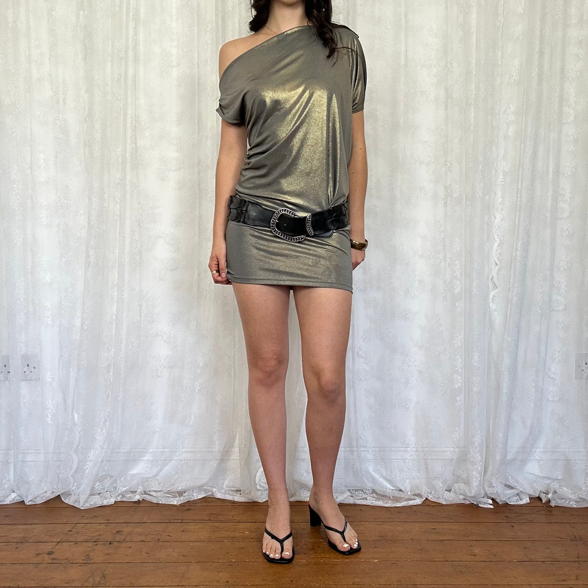 vintage 00s silver metallic one shoulder club dress