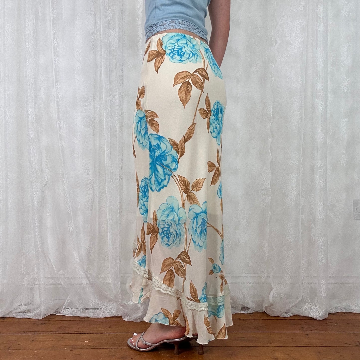 vintage 00s beige and blue floral mesh midi skirt