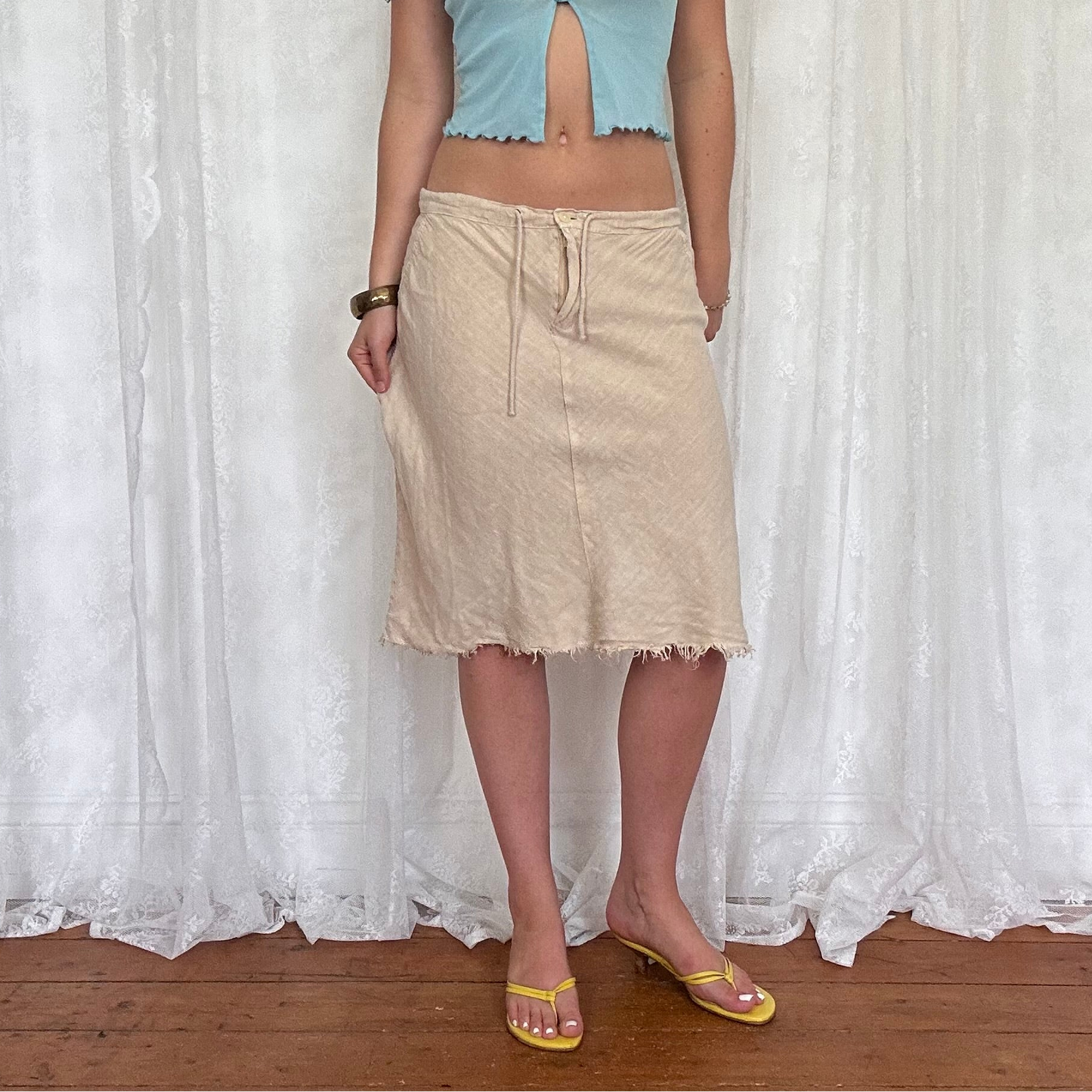 vintage 00s beige linen midi skirt