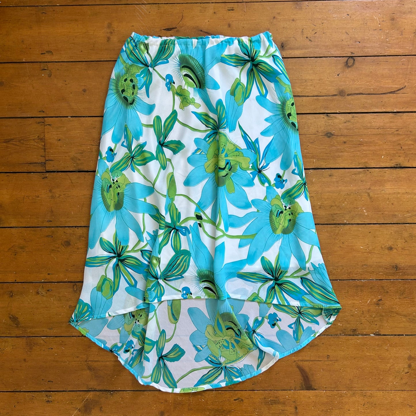vintage 00s white and blue floral mesh midi skirt