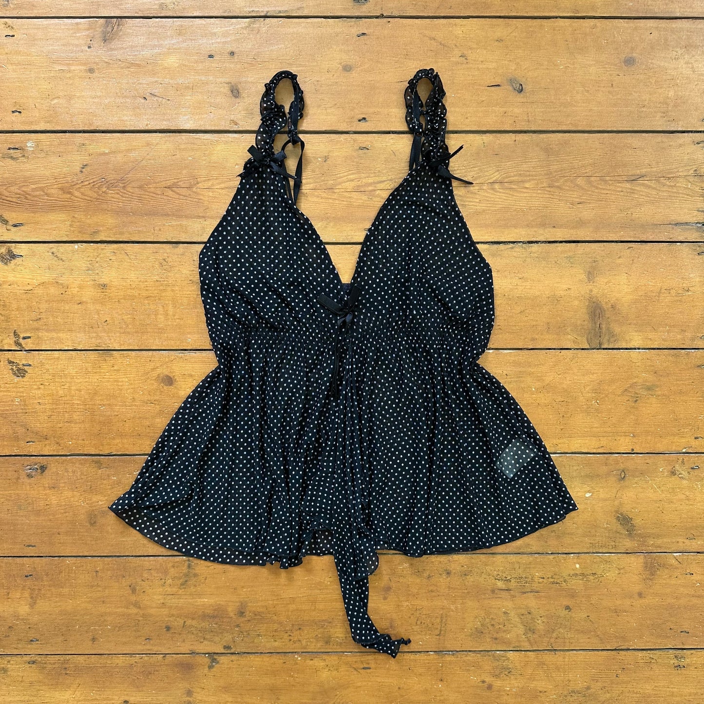 vintage 00s black polka dot mesh cami