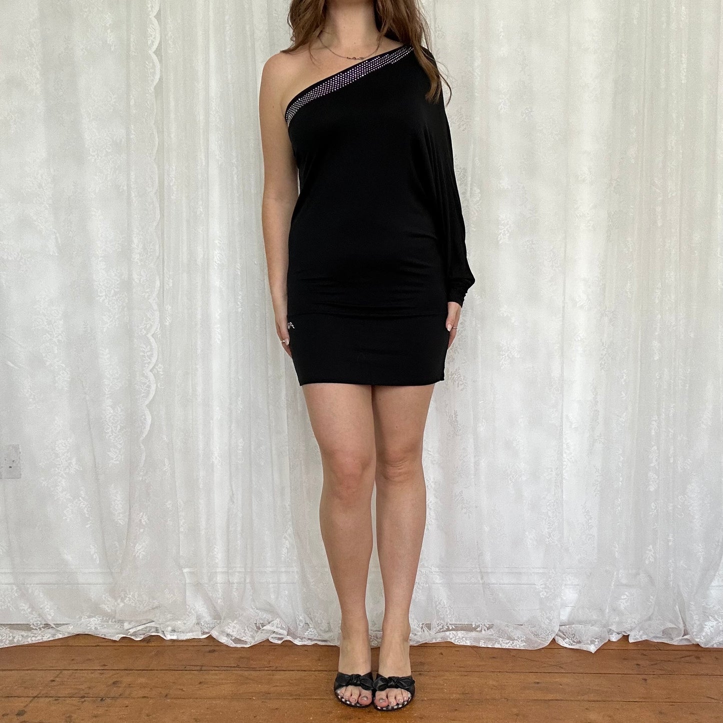 vintage 00s black one shoulder batwing mini dress