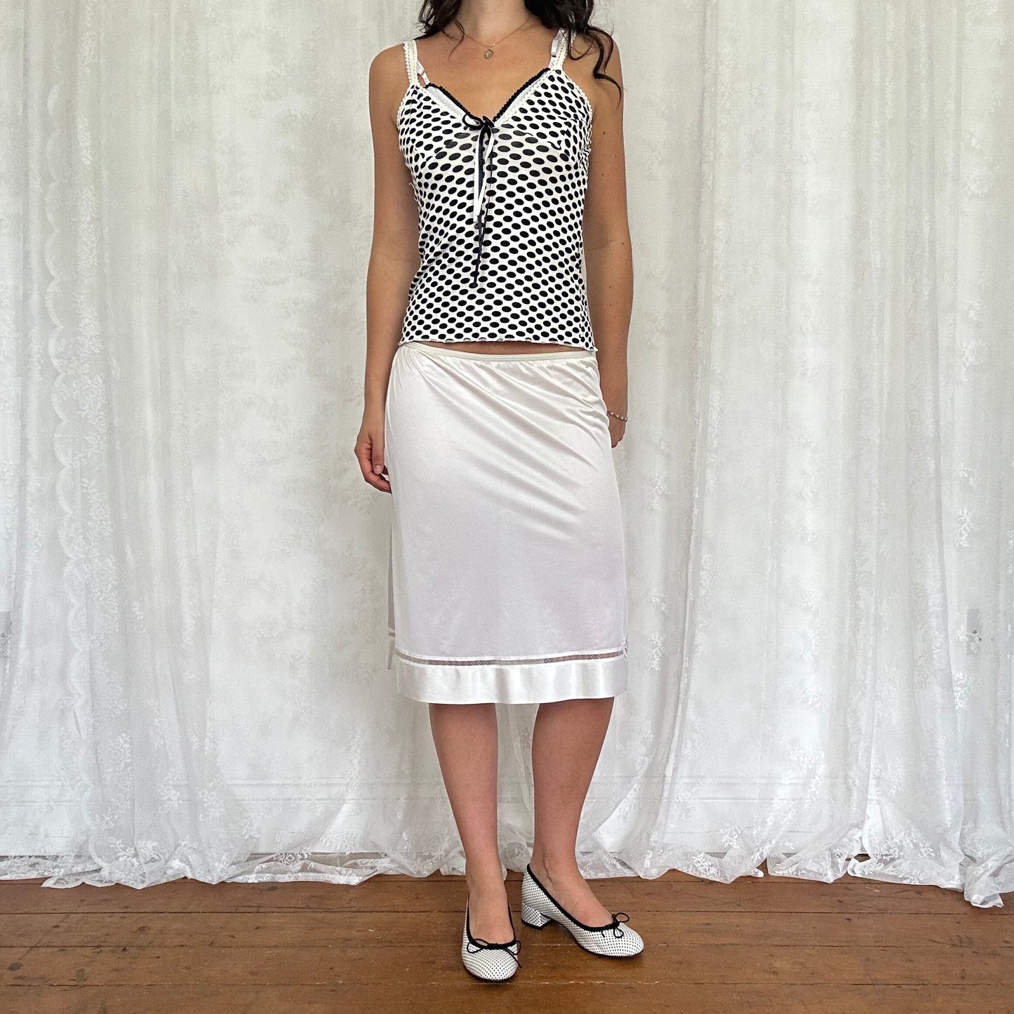 vintage 00s white satin lace detail midi skirt