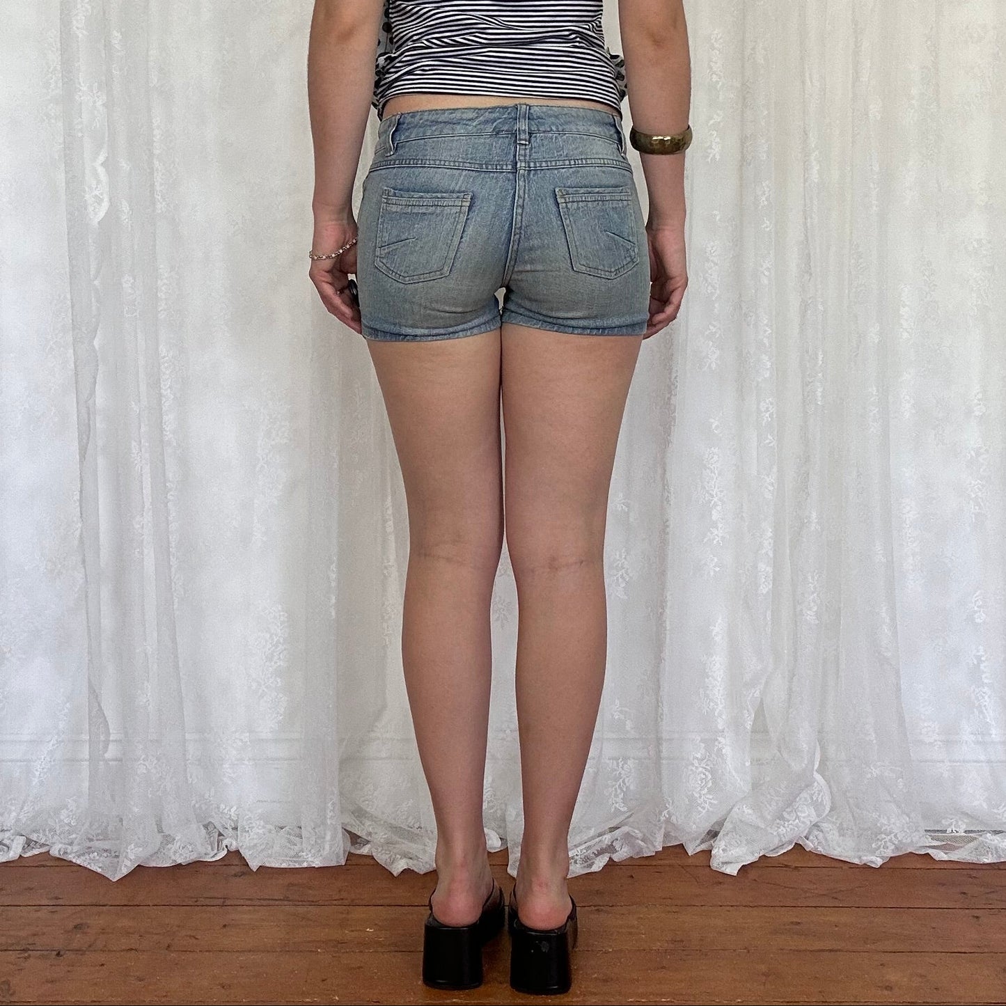 vintage 00s mid wash low rise denim shorts
