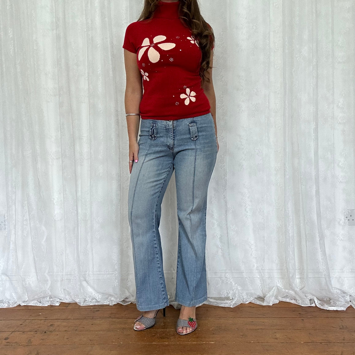 vintage 00s red short sleeve roll neck top