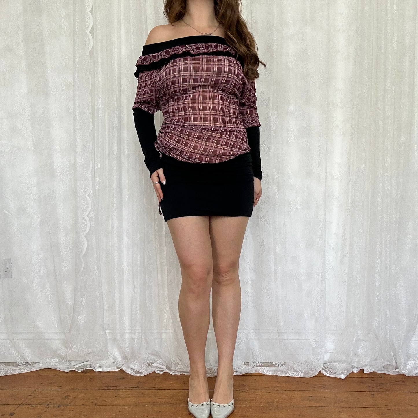 vintage 00s purple mesh checkered mini dress