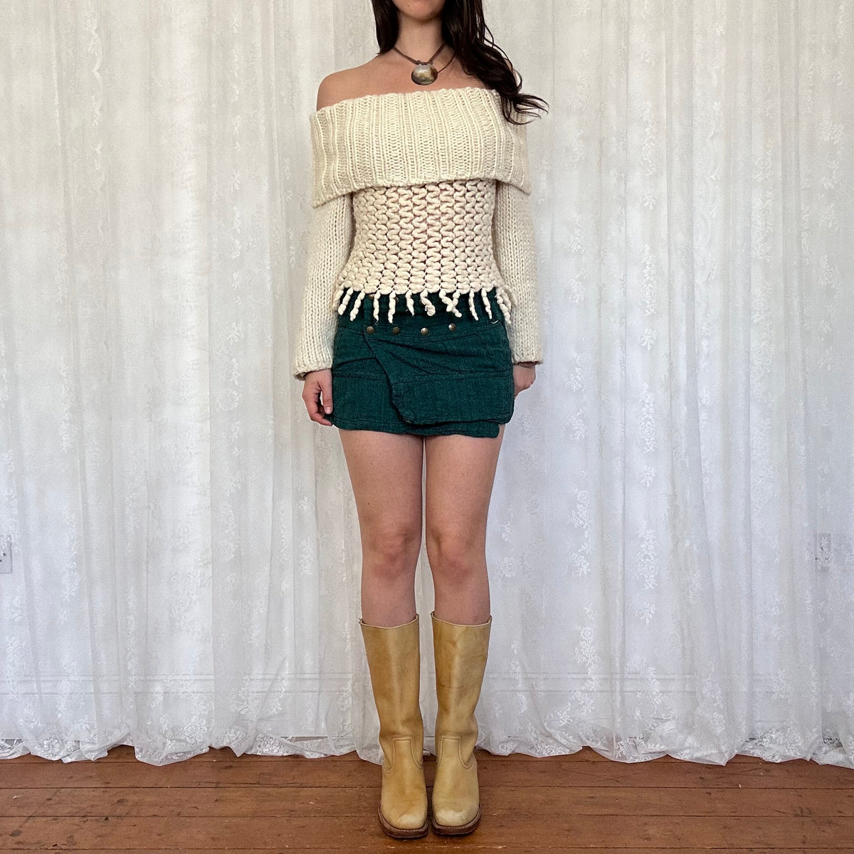 vintage 00s cream chunky knit off shoulder jumper