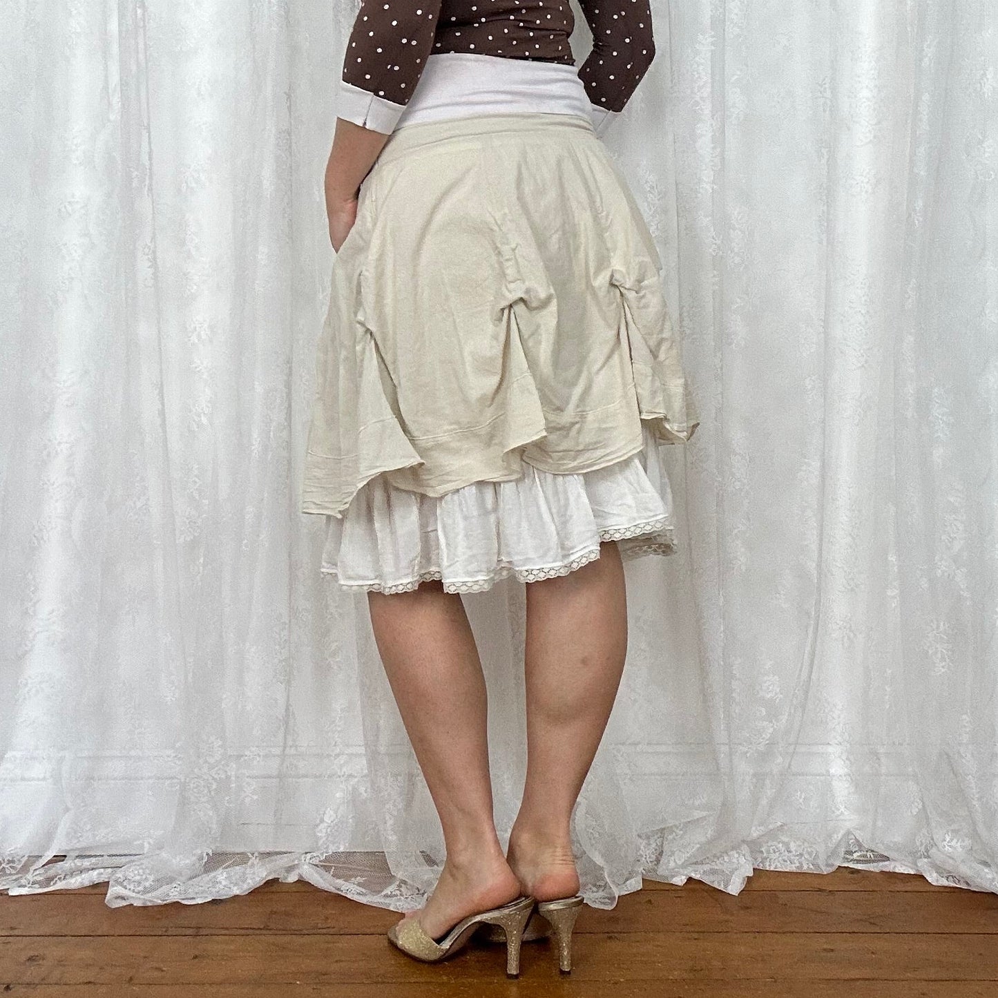 vintage 00s white and beige draped midi skirt
