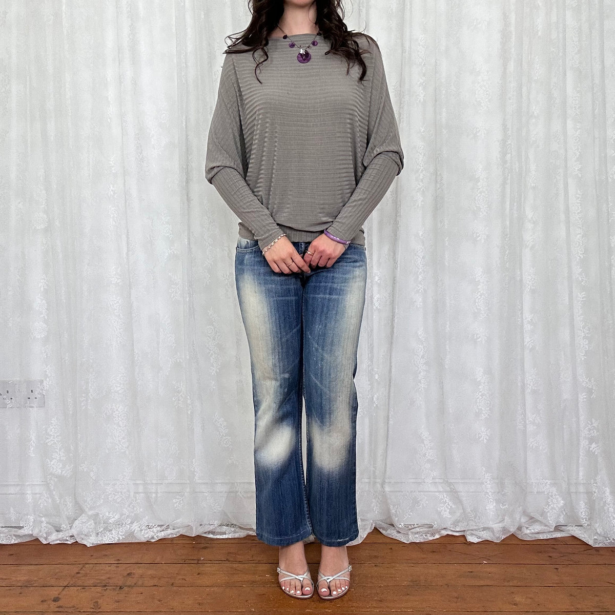 vintage 00s grey brown slouchy batwing top