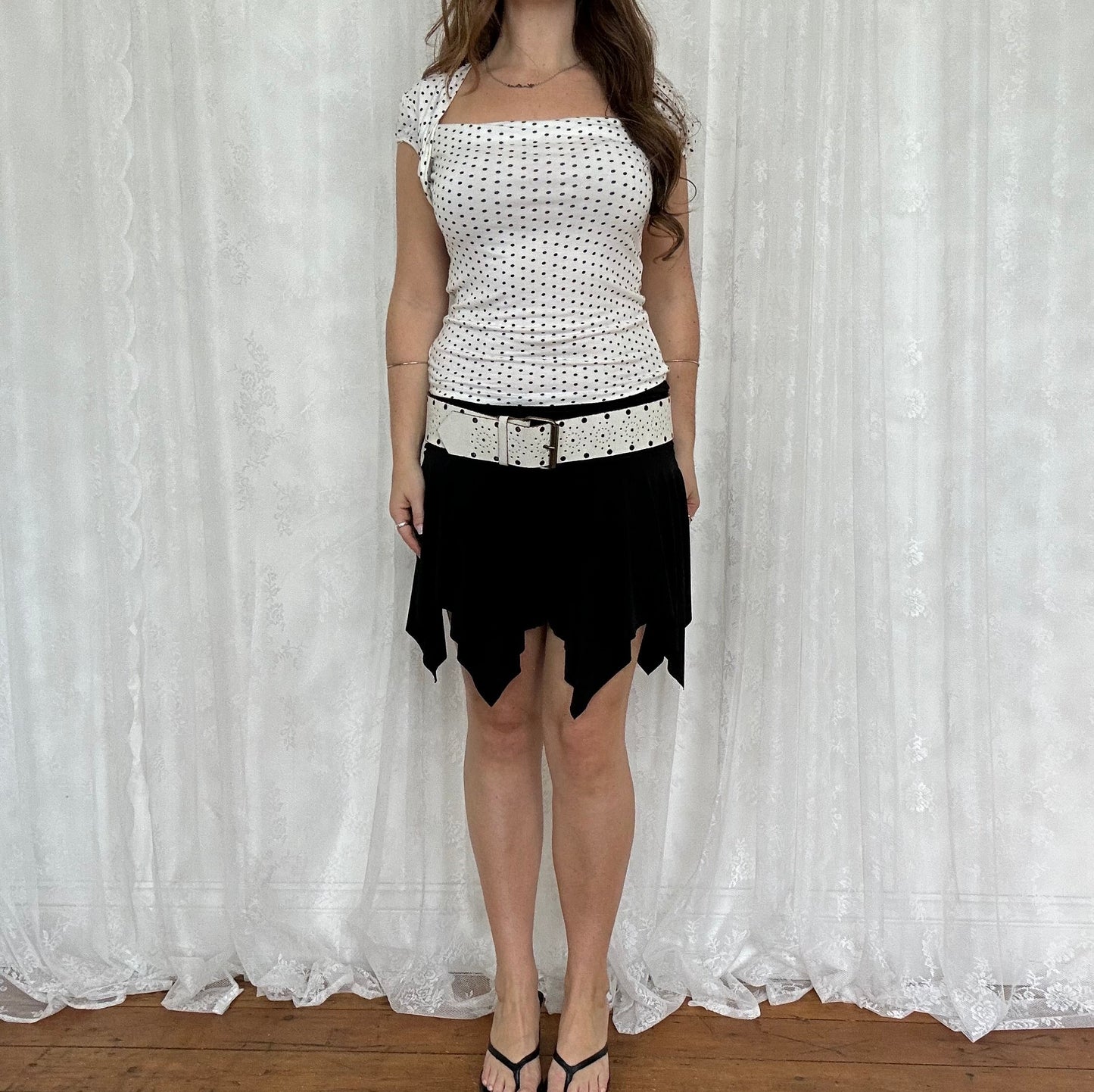 vintage 00s black and white polka dot top with built in shrug