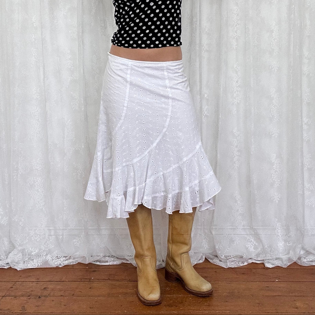 vintage 00s white broderie midi skirt