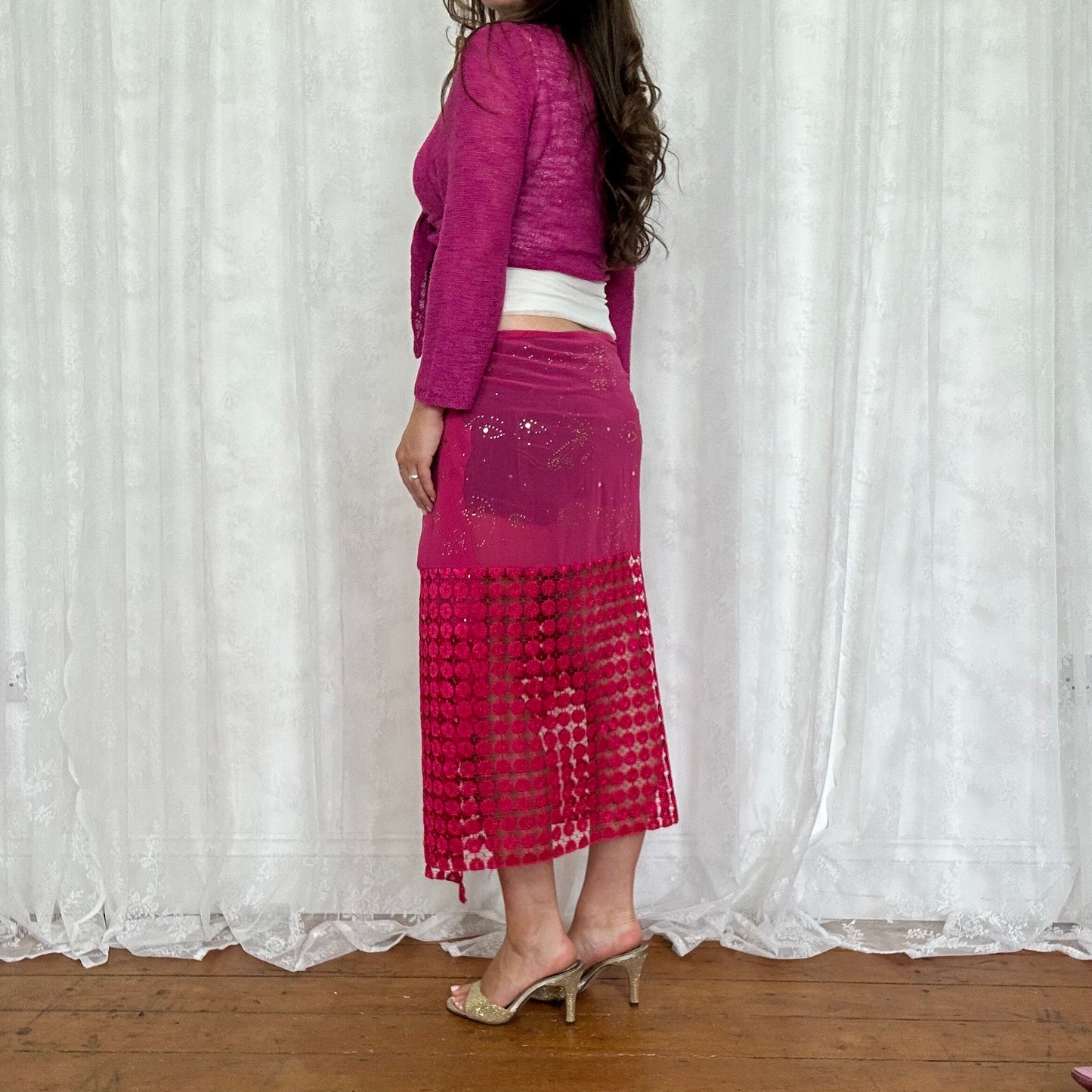 vintage 00s hot pink diamanté shawl / wrap skirt