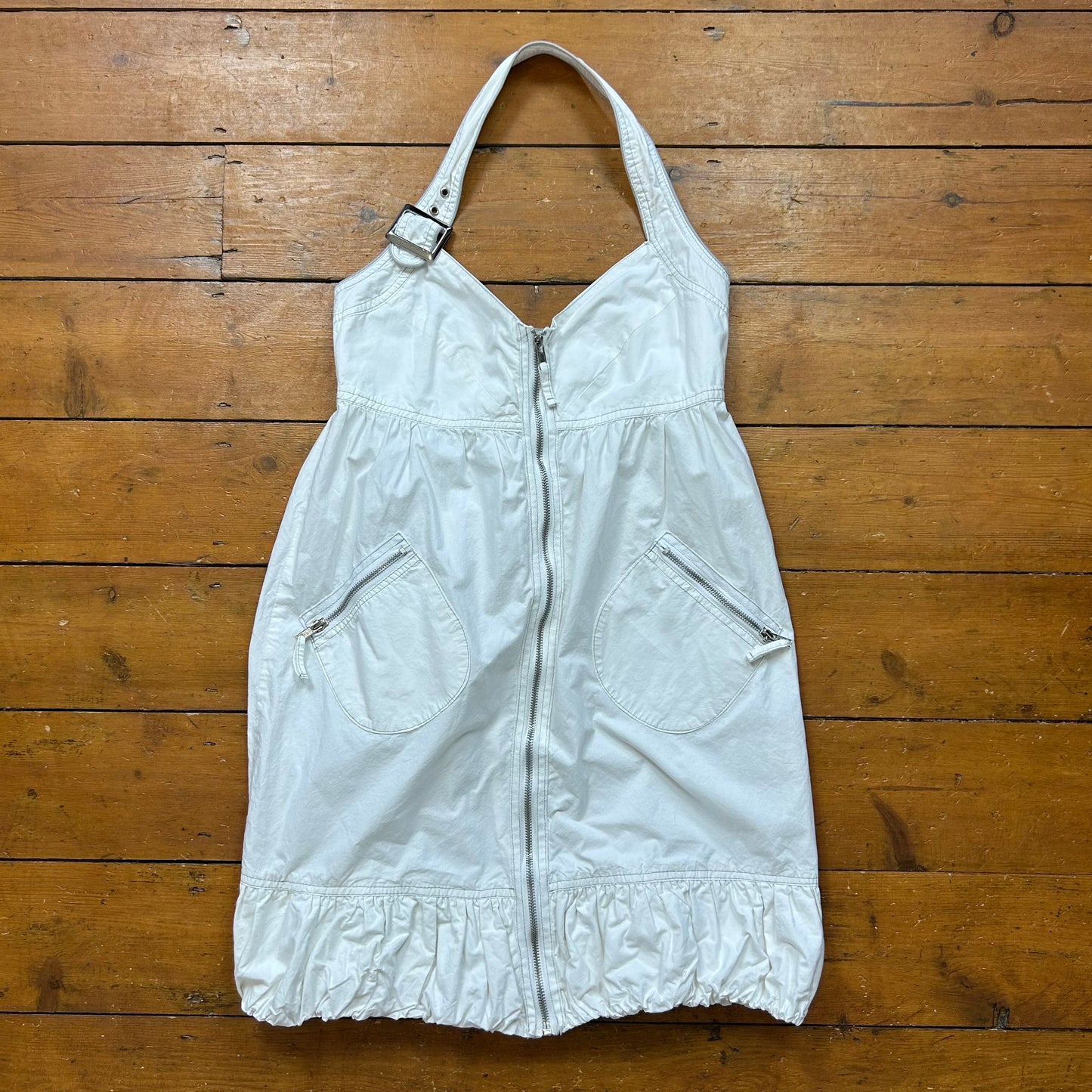 vintage 00s white zip front cargo mini dress