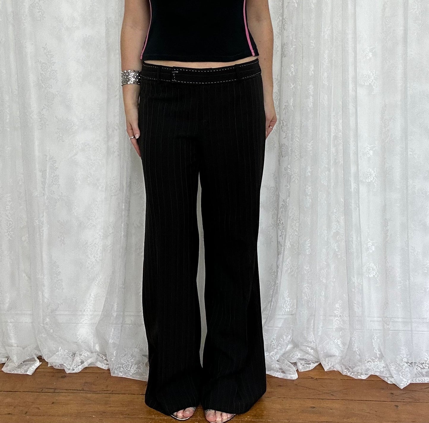 vintage 00s black pinstripe straight leg trousers