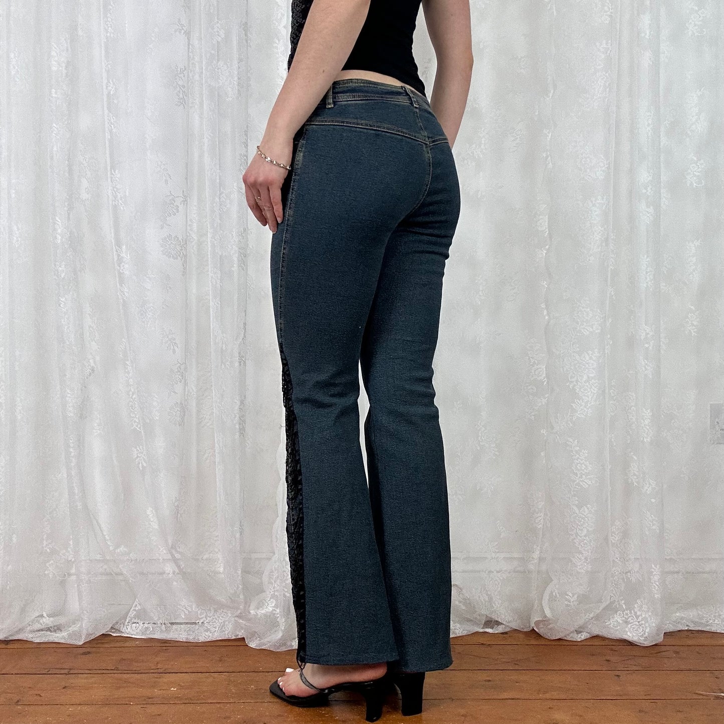 vintage 00s low rise black beaded tassle flared jeans