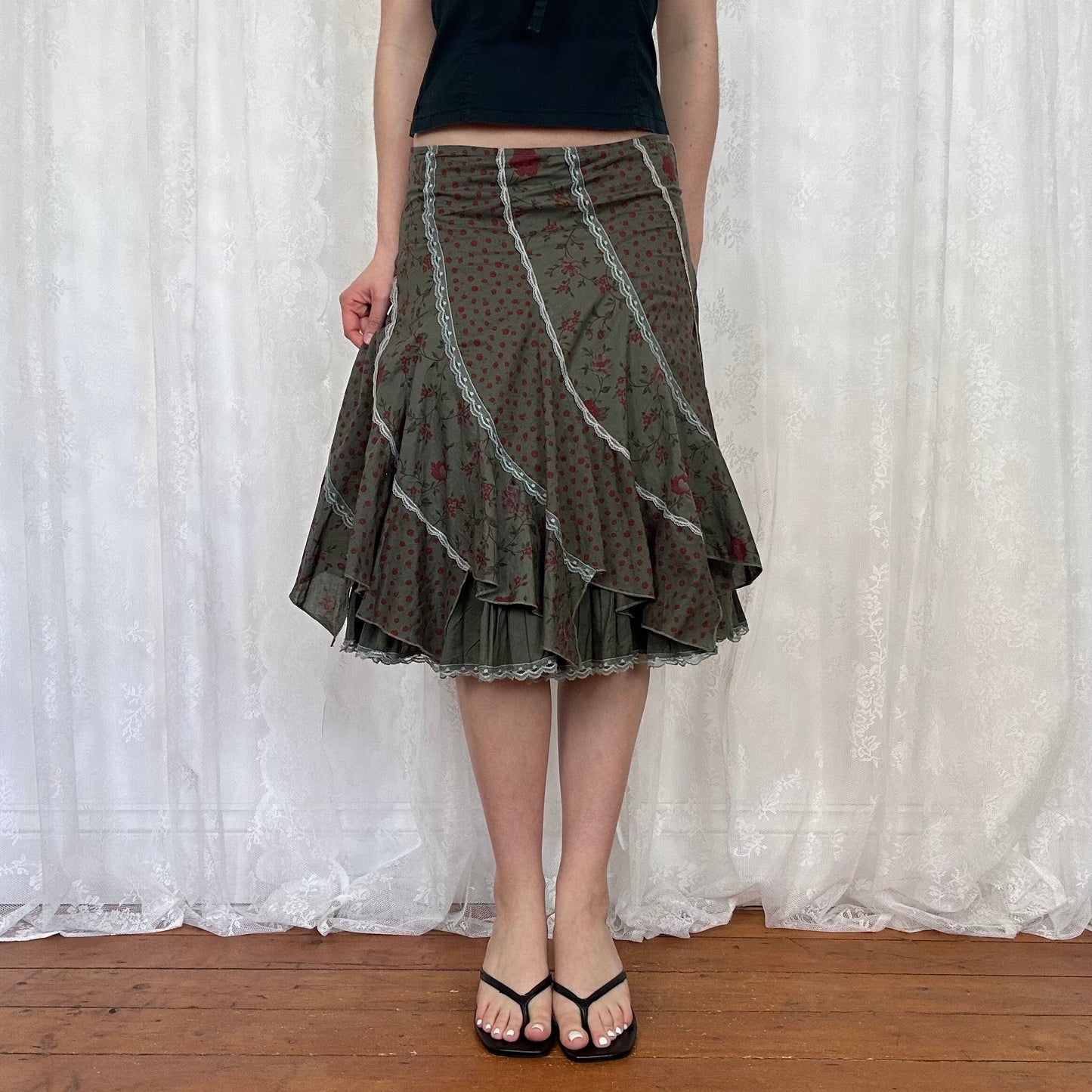 vintage 00s khaki floral midi skirt