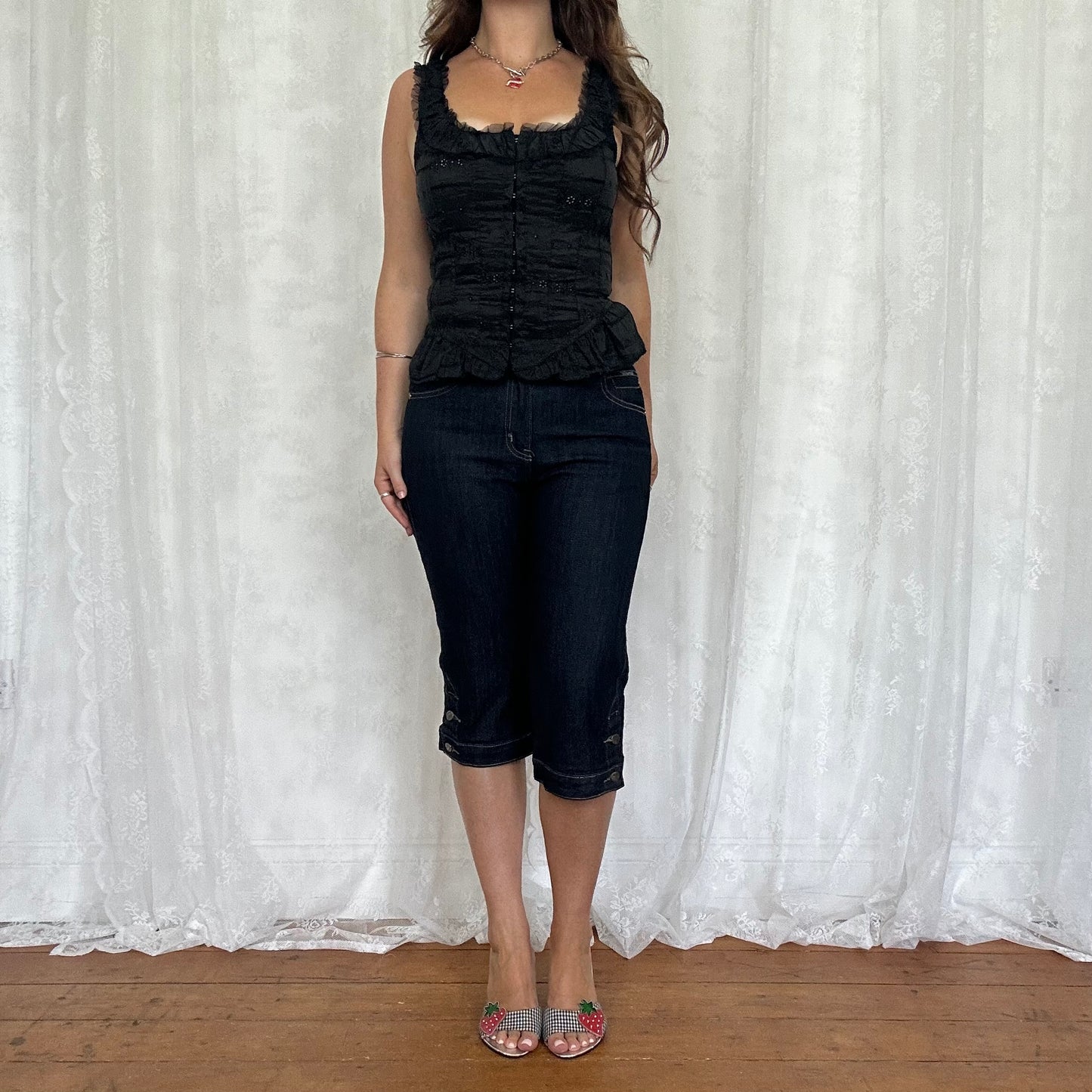 vintage 00s black broderie hook and eye top