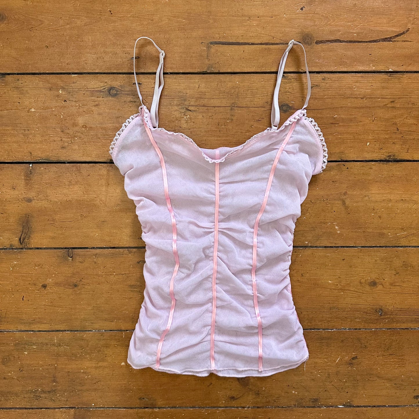 vintage 00s baby pink mesh ruched cami