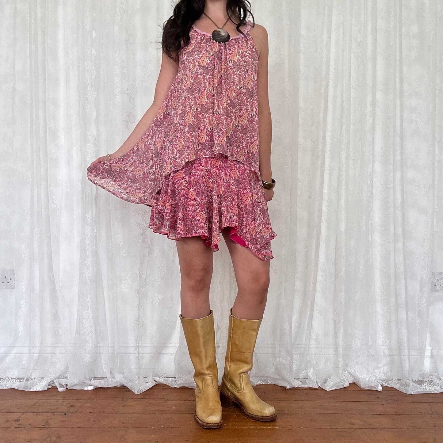 vintage 00s pink paisley floaty mesh cami and mini skirt set