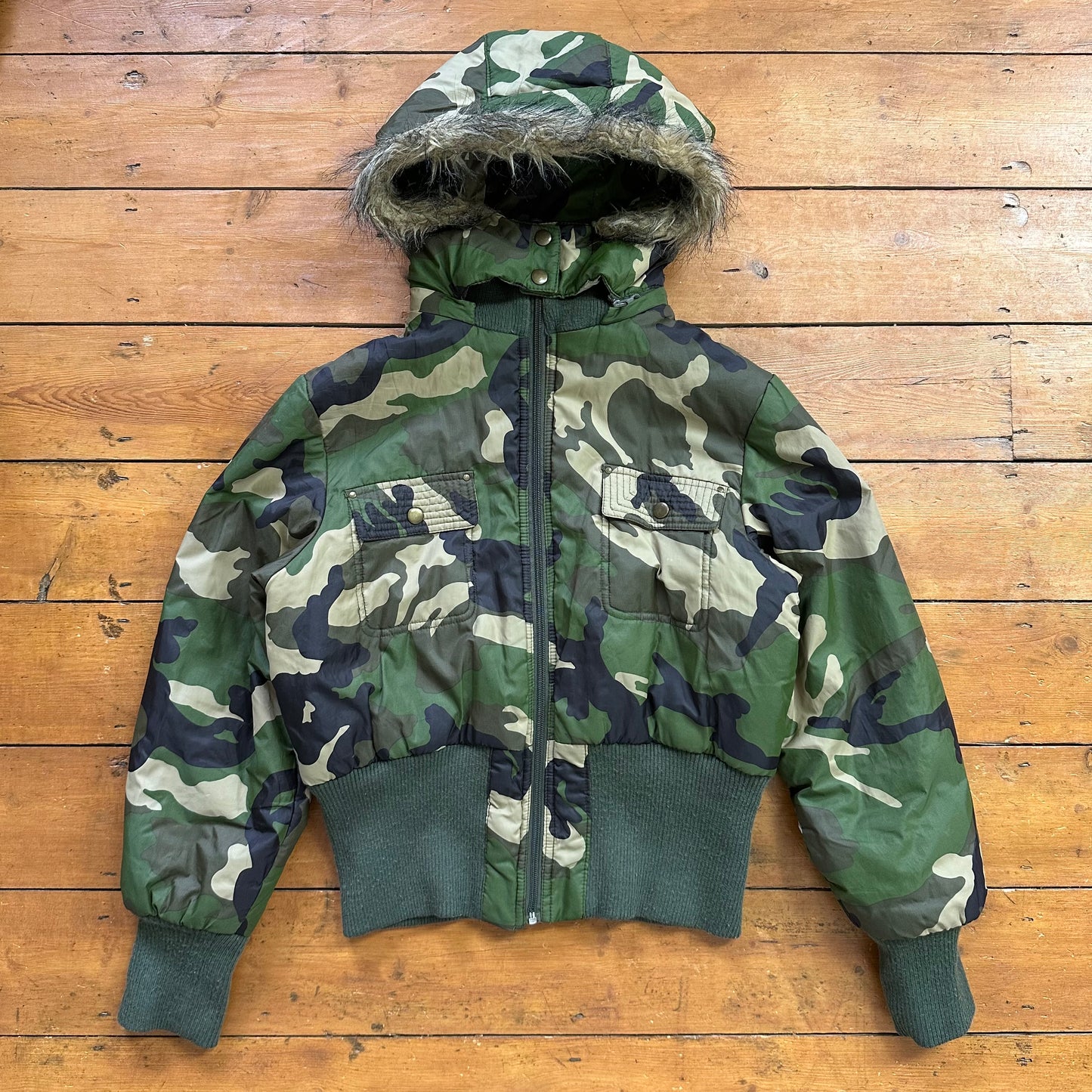 vintage 00s camo print hooded bomber jacket