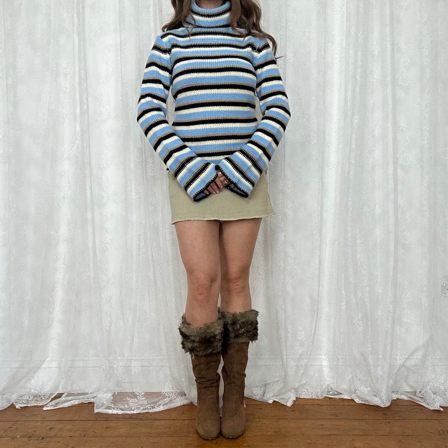 vintage 00s brown and blue stripey knitted jumer