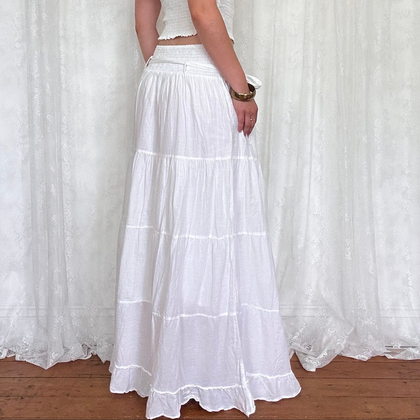vintage 00s white tiered maxi skirt with attached belt