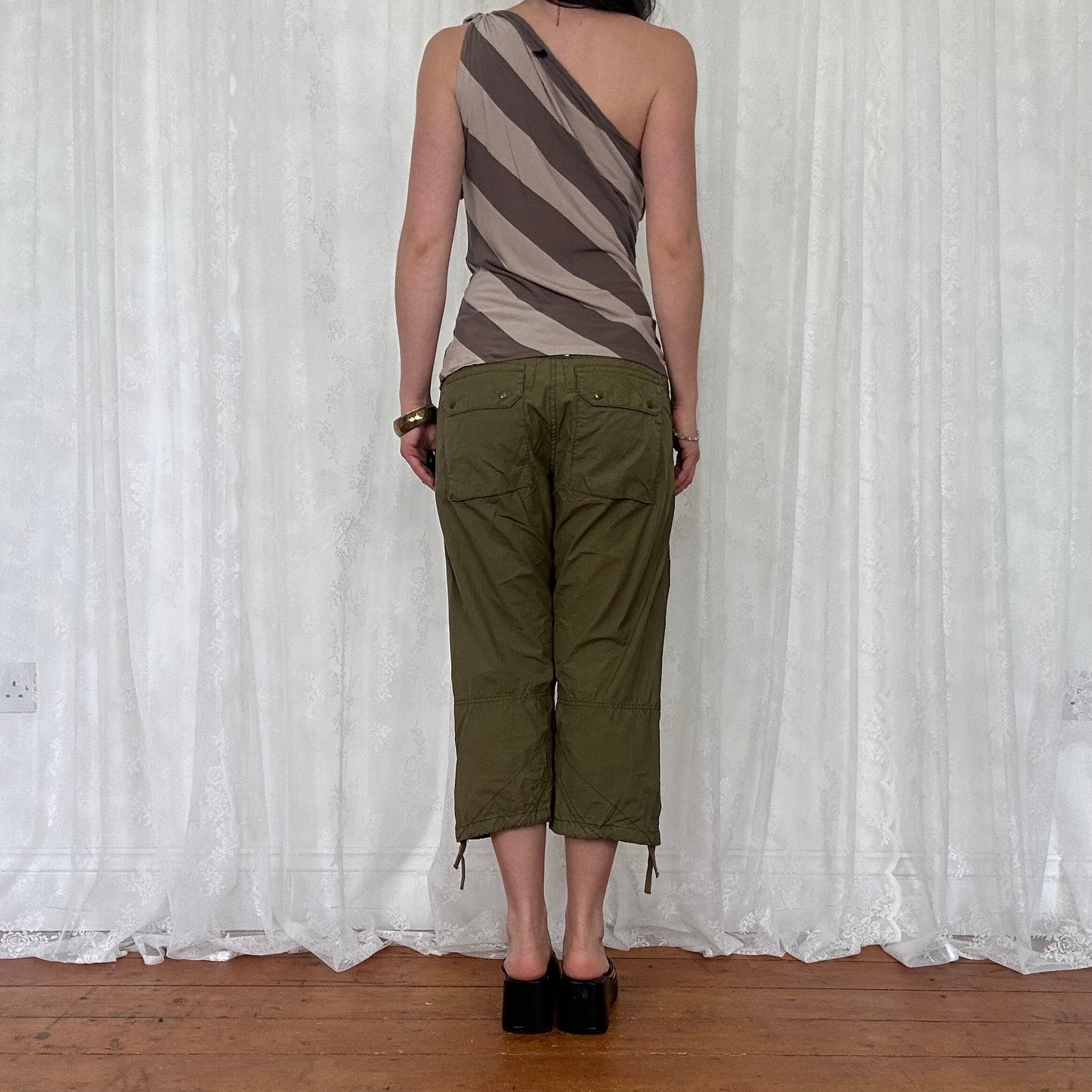 vintage 00s brown striped one shoulder top