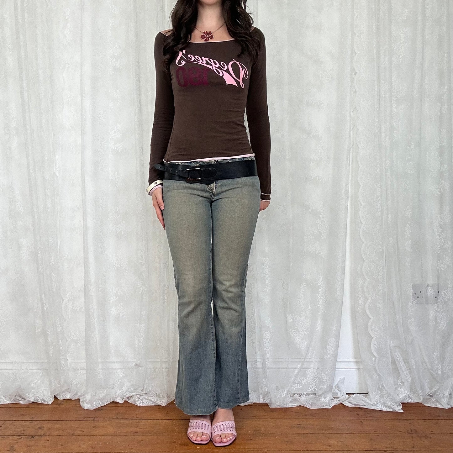 vintage 00s brown and pink off shoulder long sleeve top