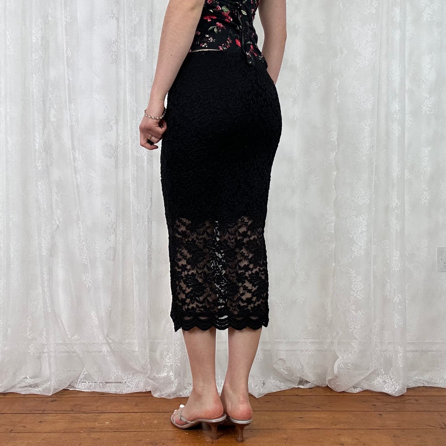 vintage 00s black lace midi skirt