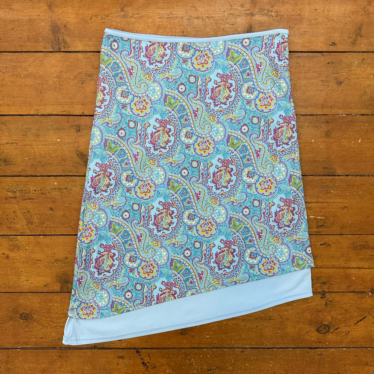 vintage 00s blue paisley asymmetrical midi skirt