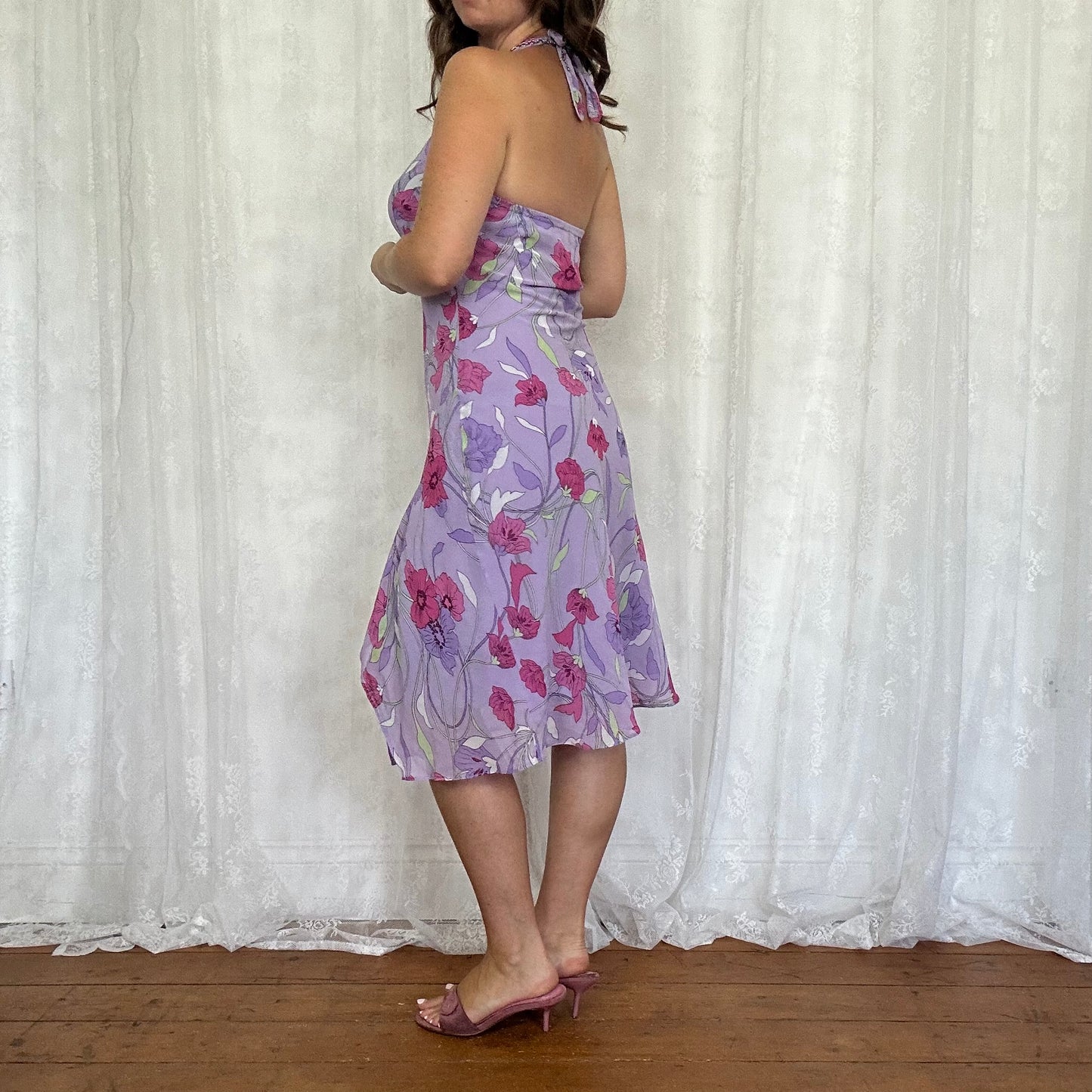 vintage 00s purple floral halter midi dress