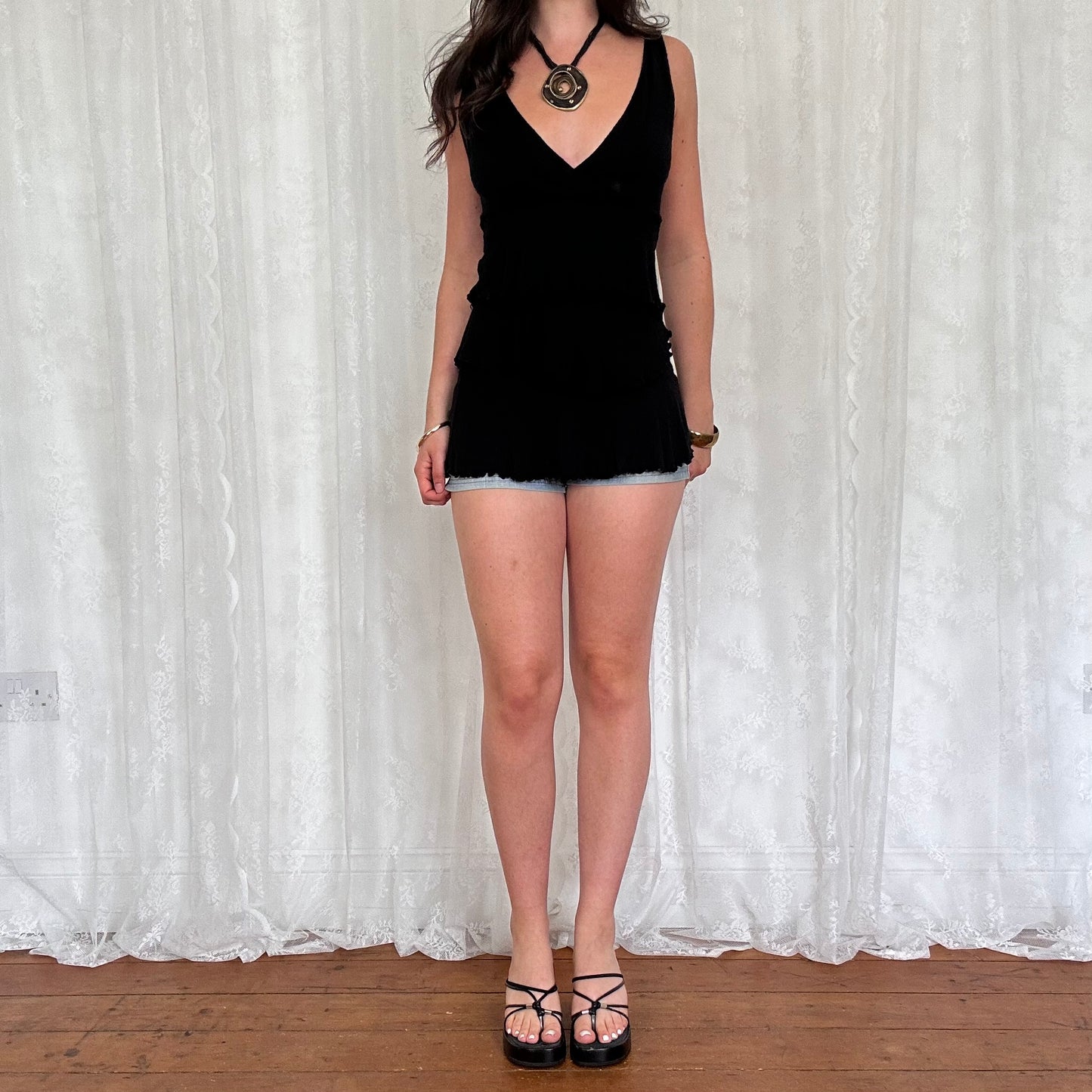 vintage 00s black tiered ruffle cami