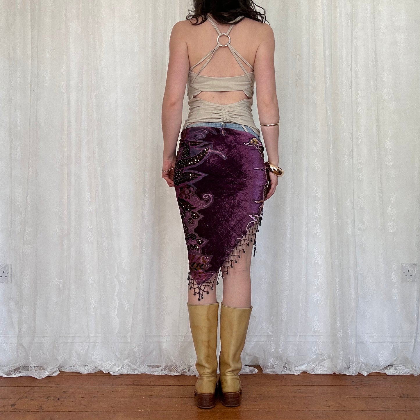 vintage 00s purple beaded pattern wrap scarf
