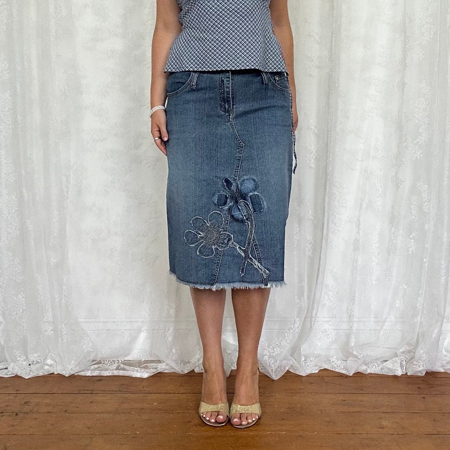 vintage 00s denim floral midi skirt