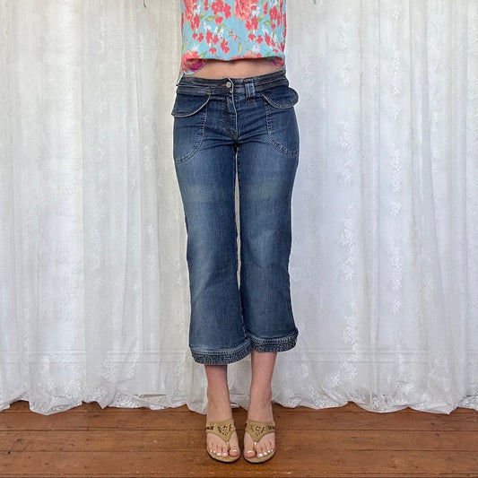 vintage 00s mid wash denim flared capri trousers