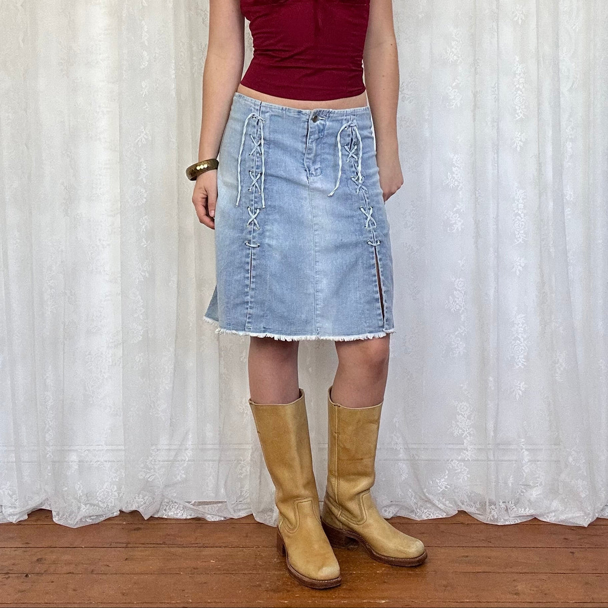 vintage 00s denim lace up midi skirt with slits