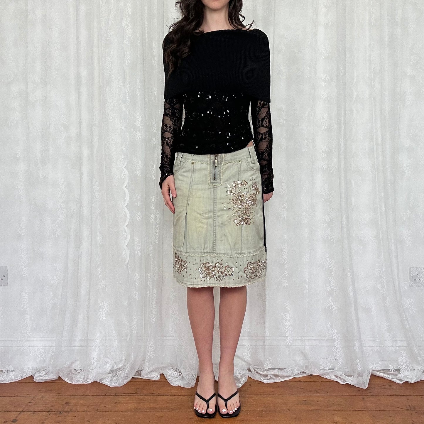 vintage 00s light wash sequin midi skirt