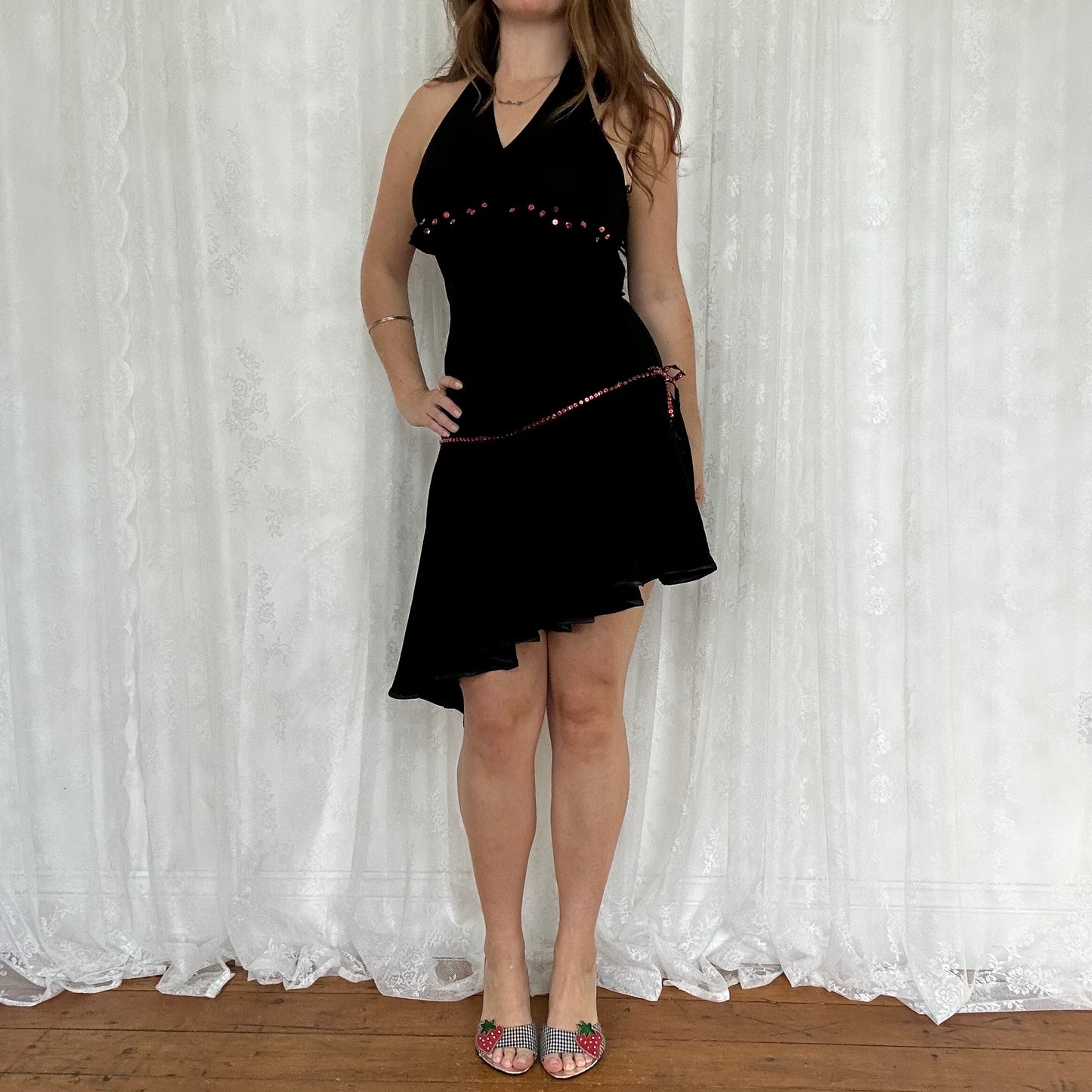 vintage 00s black hater dress with red sequin detail