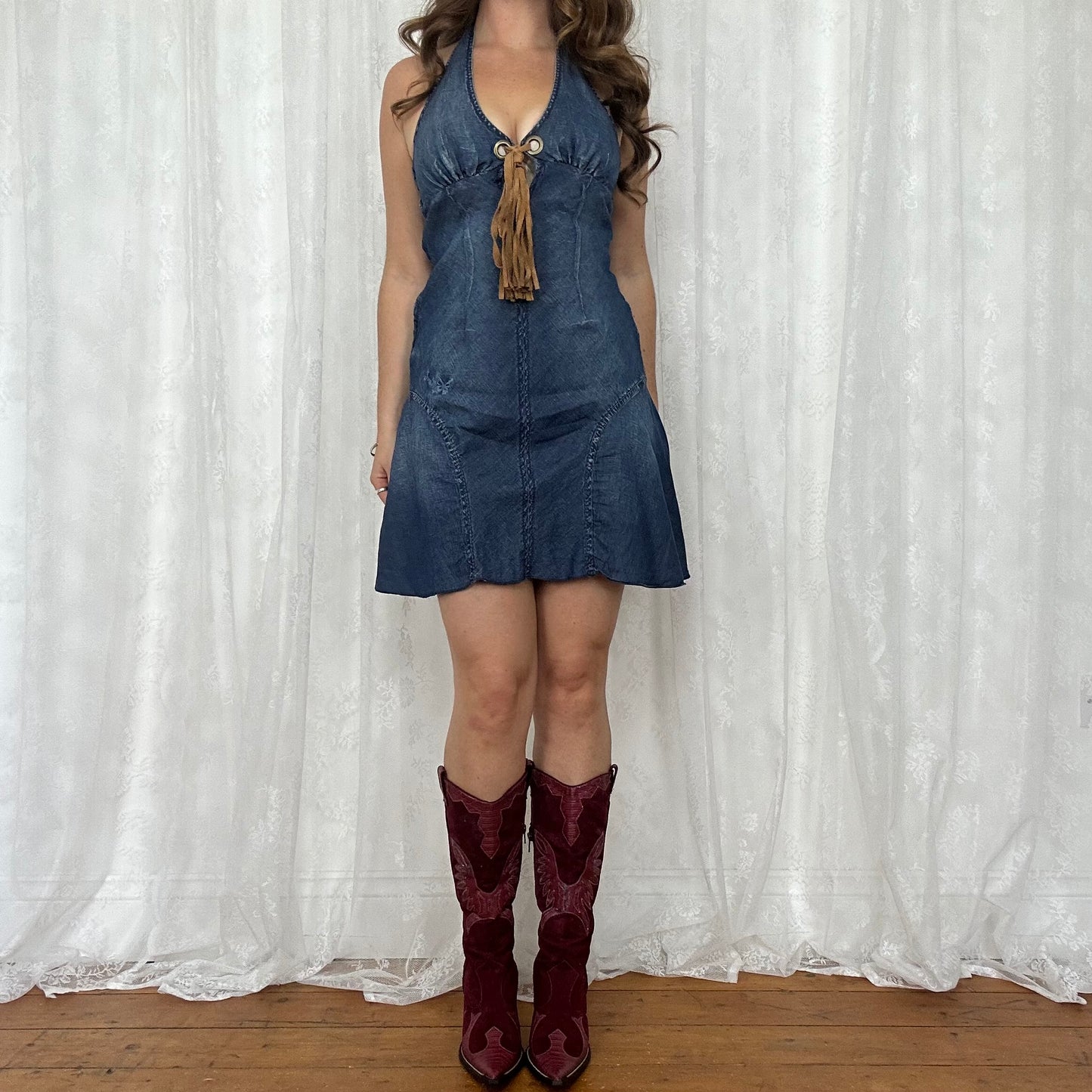 vintage 00s denim halter dress with tassle detail