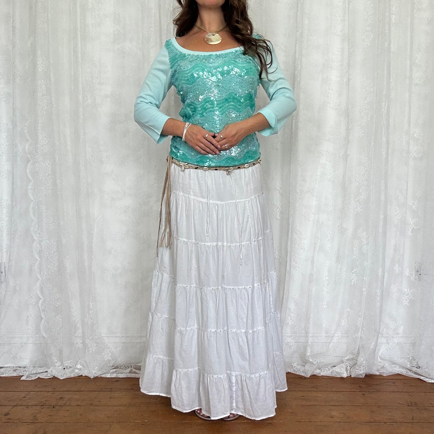 vintage 00s aqua blue sequin crop sleeve top